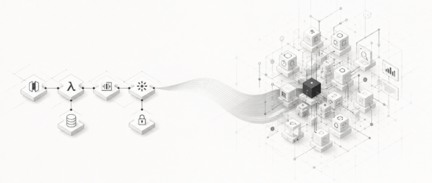 Minimalistyczna ilustracja pokazująca przejście od prostego flow serverless do coraz bardziej złożonej architektury z wieloma zależnościami.