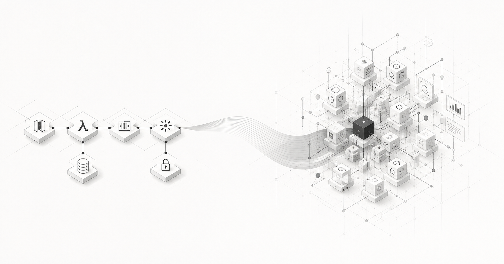 Minimalistyczna ilustracja pokazująca przejście od prostego flow serverless do coraz bardziej złożonej architektury z wieloma zależnościami.