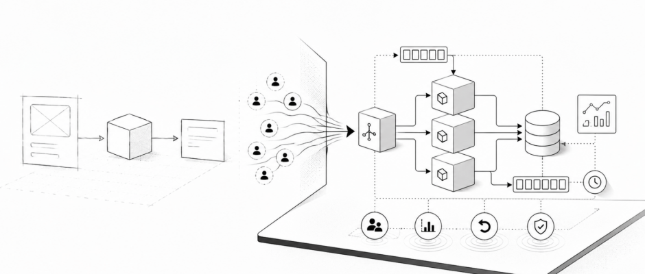Minimalistyczny diagram pokazujący przejście od prostego MVP do systemu obsługującego realnych użytkowników, dane, monitoring, rollback i bezpieczeństwo.