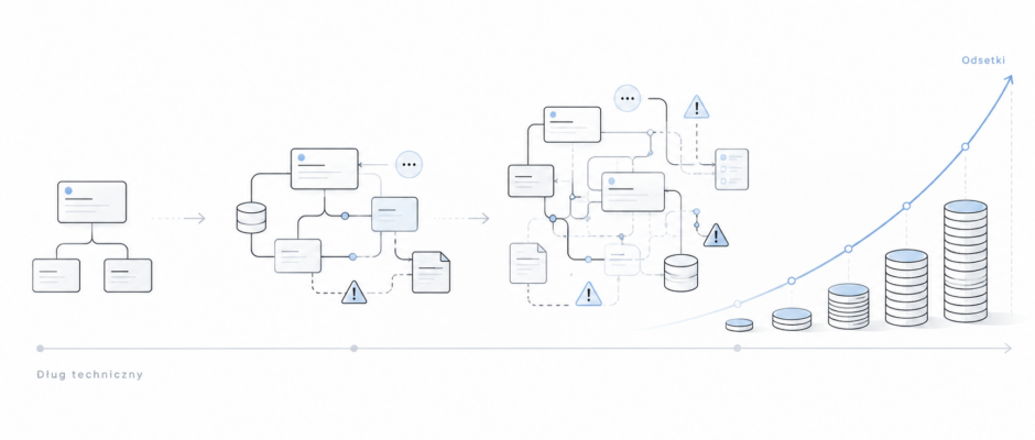 Minimalistyczny diagram pokazujący narastający dług techniczny i rosnący koszt jego utrzymania wraz ze wzrostem złożoności systemu.